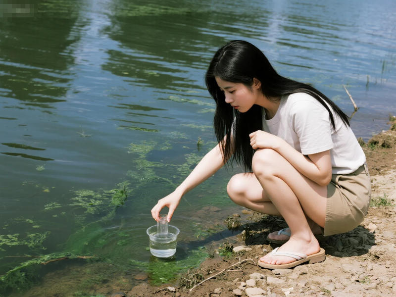 戶外河水邊正在取水樣準(zhǔn)備化驗(yàn)